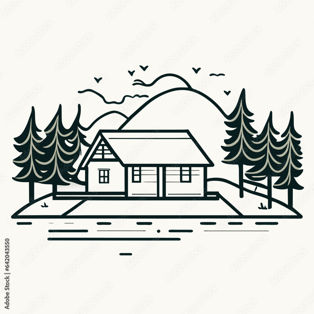 Impressive lake house. Beautiful landspace villa in lake. The lake house with tree. Elegant new cottage on the lake. Villa on the beach surrounded by forest and lake. Table design