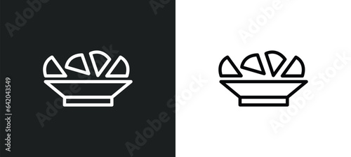 nachos plate icon isolated in white and black colors. nachos plate outline vector icon from bistro and restaurant collection for web, mobile apps and ui.