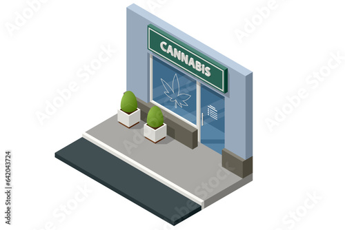 Isometric Legalized marijuana. Cannabis store with Cannabis products. Herbal alternative medicine, cbd oil, pharmaceptical industry