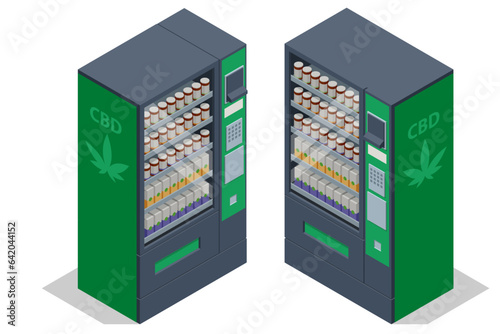 Isometric CBD vending machine. Herbal alternative medicine, cbd oil, pharmaceptical industry Automatic vending machine sells legal cannabis products