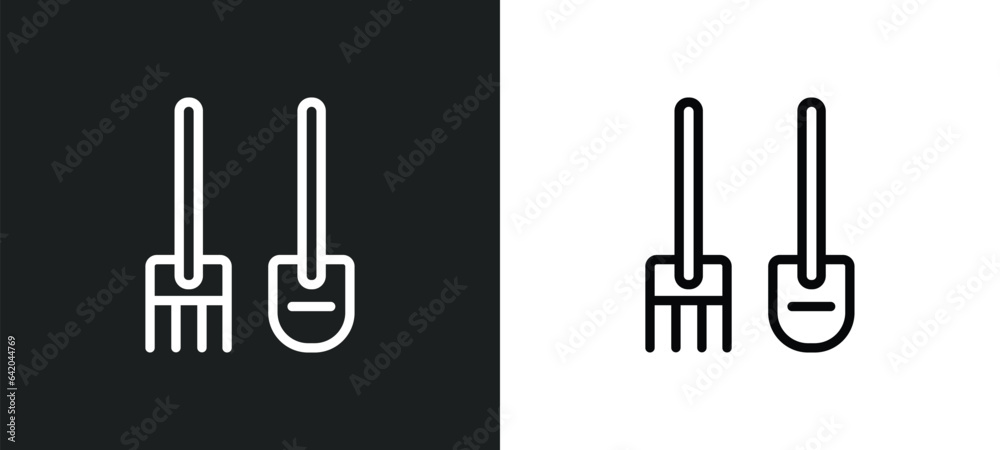 shovel and fork icon isolated in white and black colors. shovel and fork outline vector icon from construction tools collection for web, mobile apps ui. shovel and fork icon isolated in white and black colors. shovel and fork outline vector icon from construction tools collection for web, mobile apps ui.