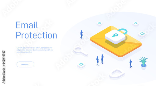 Email service security concept. Creative vector isometric illustration. Electronic mail message as part of business marketing. Webmail or mobile service layout for website landing page.