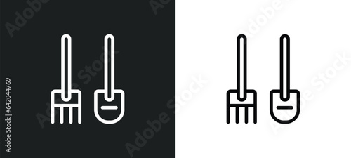 shovel and fork icon isolated in white and black colors. shovel and fork outline vector icon from construction tools collection for web, mobile apps ui.