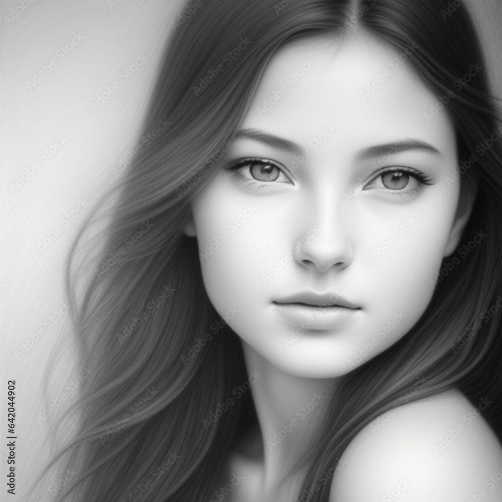 Fototapeta premium Monochrome detailed graphite pencil artwork portrait of a beautiful young woman. Generative AI