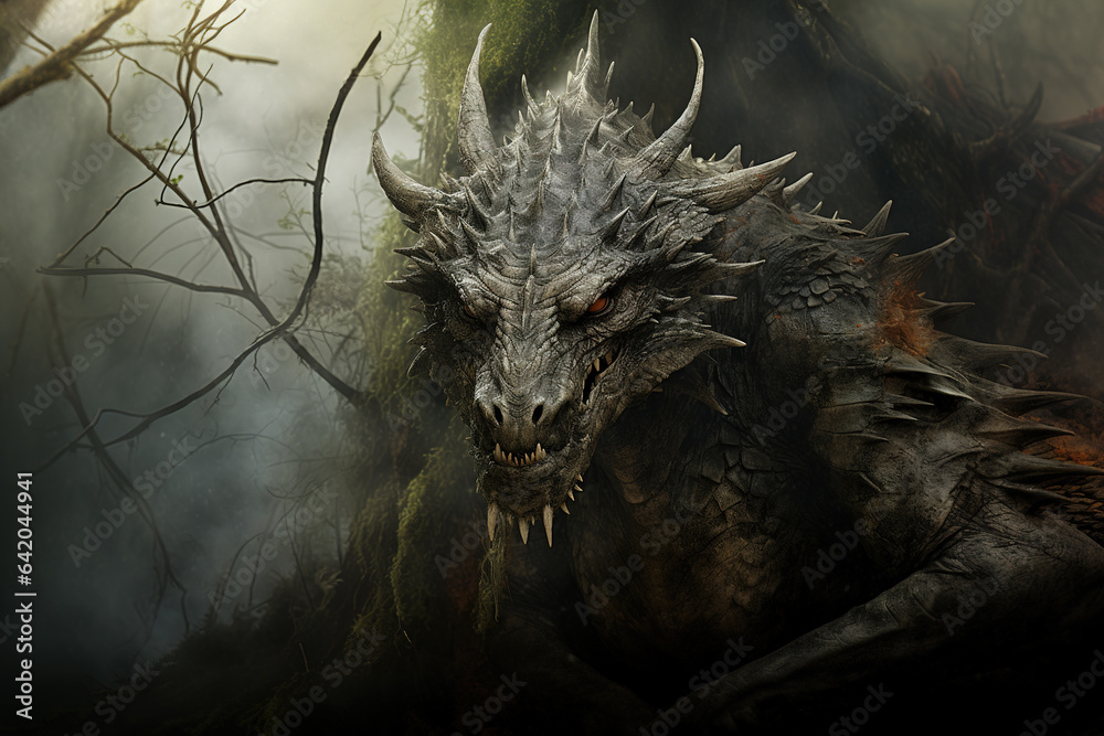 Image of a dragon in the forest with a scary atmosphere, Mythical creatures., Generative AI, Illustration.