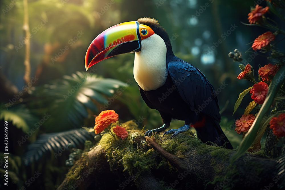 Obraz premium Image of toucan in the fertile forest. Bird. Nature. Illustration, Generative AI.