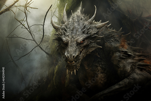Image of a dragon in the forest with a scary atmosphere, Mythical creatures., Generative AI, Illustration. © yod67