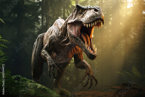 Image of an angry tyrannosaurus rex in the fertile forest. Mythical creatures. Illustration, Generative AI. © yod67
