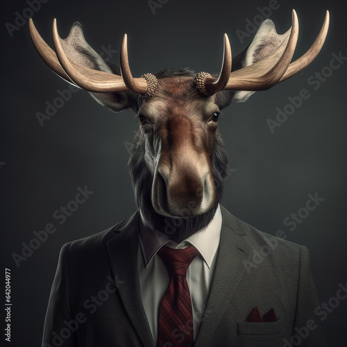 Image of a deer moose businessman wearing a suit on clean background. Wildlife Animals. Illustration, generative AI. © yod67