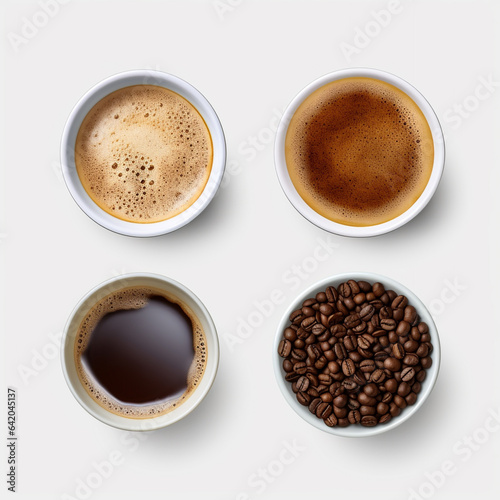 collection of coffee, top view on white background.