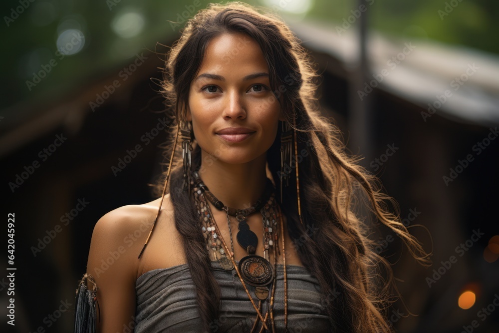 © bluebeat76 - Portrait of native American woman in a village at a in the forests. Generative Ai