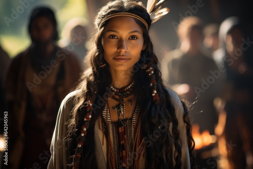 Portrait of native American woman in a village at a in the forests. Generative Ai © bluebeat76