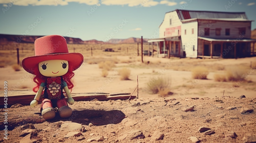 Forgotten wild west red hair cowgirl toy doll, left behind to live in a ghost town, dry desert ruins, scorching hot, buildings in state of decay - generative AI art Forgotten wild west red hair cowgirl toy doll, left behind to live in a ghost town, dry desert ruins, scorching hot, buildings in state of decay - generative AI art