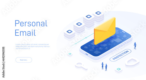 Email service concept. Electronic mail message as part of business marketing. Webmail or mobile service layout for website landing header. Newsletter sending background. Isometric vector illustration.