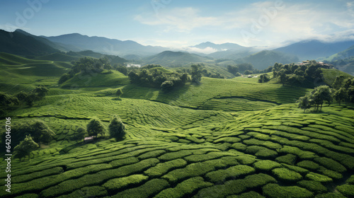 Aerial view of tea plantation landscape. Environmental for farming background © Chanelle/Peopleimages - AI