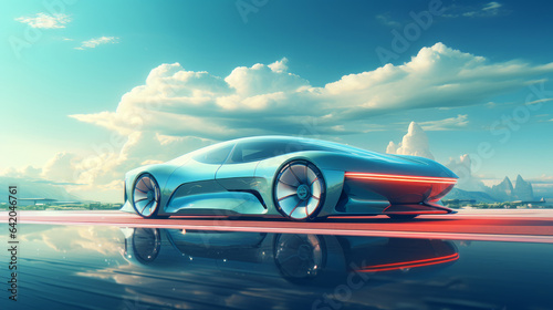 A modern, racing super car that does not yet exist drives on the road against the backdrop of nature, desert and mountains. Cars of the future, automotive industry. © ALA