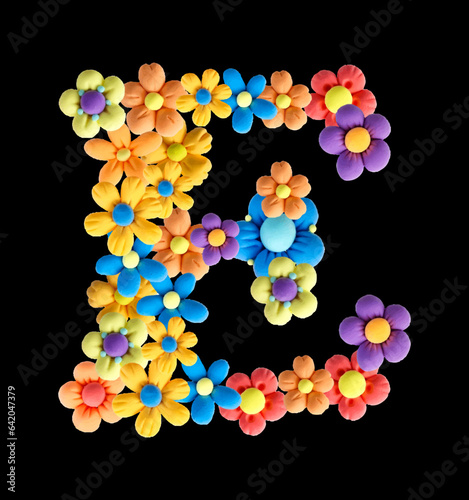 Floral letter E made of Plasticine flowers. Handmade, 3d, isolated vector illustration on a black background. Colorful Alphabet.