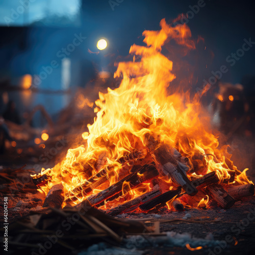 Bonfire of wood in a dark forest