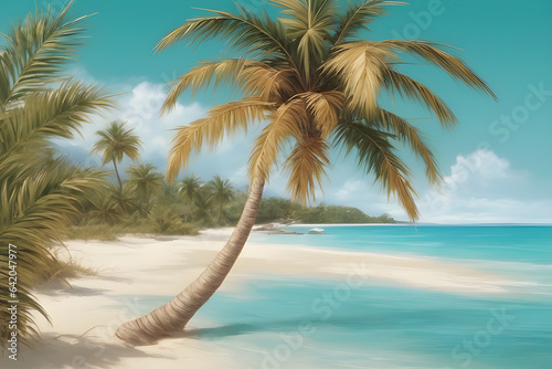 Sandy tropical beach with island on background