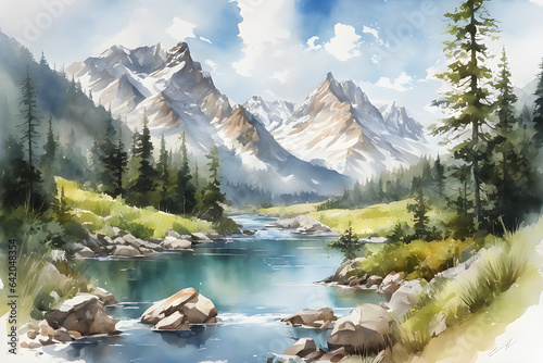 a painting of beautifl spring landscape, fores photo