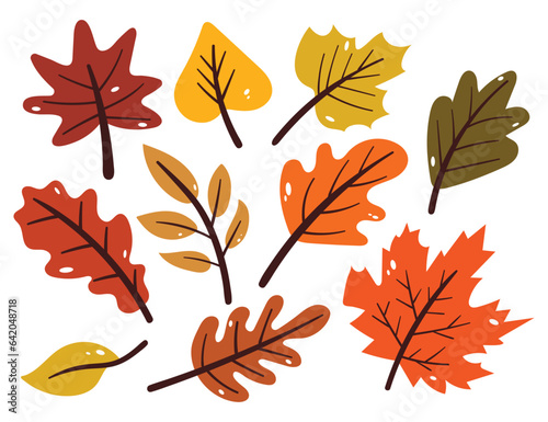 cartoon set of fall autumn leaves sticker set. cute botanical sticker, decor element. cute colorful illustration sticker