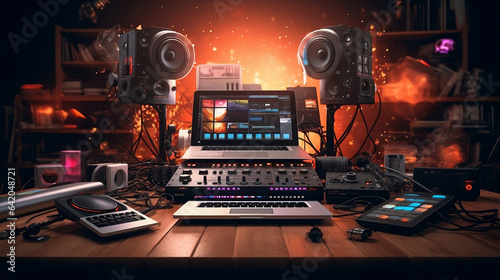 create a hyper realistic youtube banner that shows musical technology and devices used to record, 4k