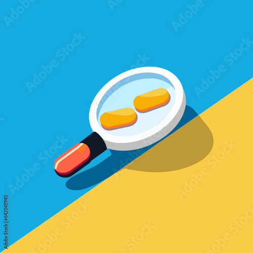 Clinical research filled colorful logo. Drug discovery. Magnifying glass with pills. Design element. Created with artificial intelligence. Ai art for corporate branding, pharmaceutical company