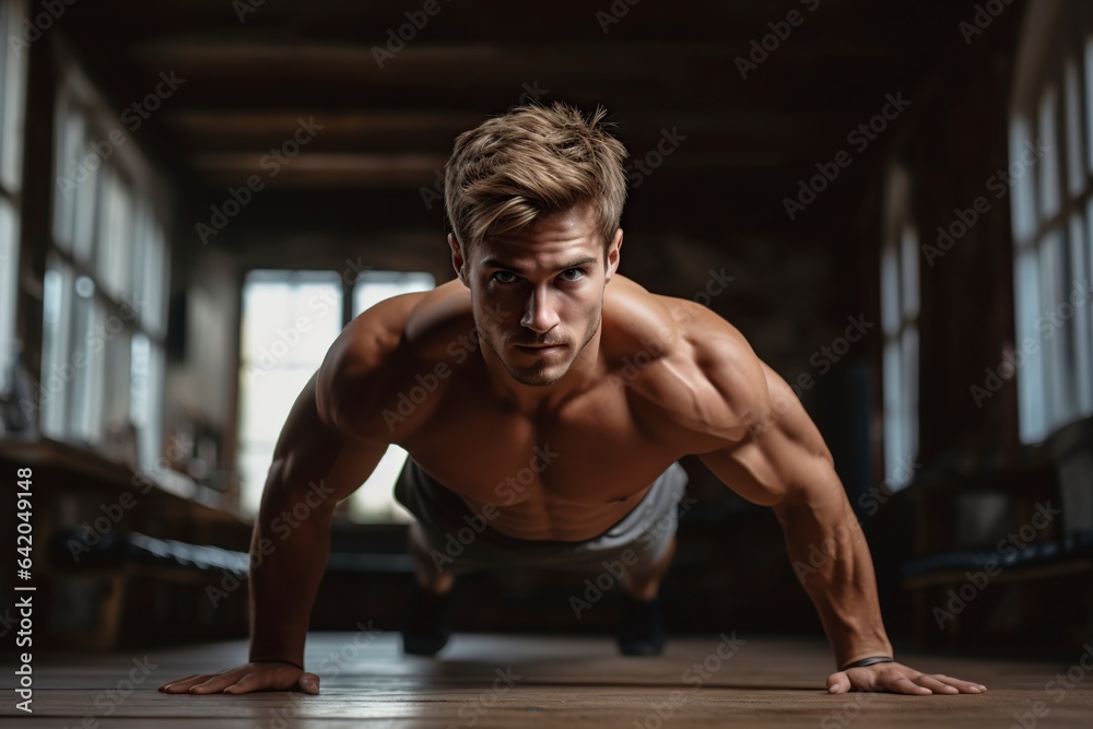young man doing push-ups in the gym young man doing push-ups in the gym