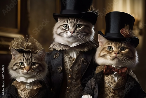 Family of cats in royal outfits of the Victorian era. Fynny cats. Cats as Humans concept. Picture of Cat Aristocrats