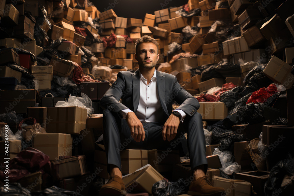 Generative AI - The Arrogance of Consumerism: A Rich Snob atop the Mountain of Shipping Boxes - obrazy, fototapety, plakaty 