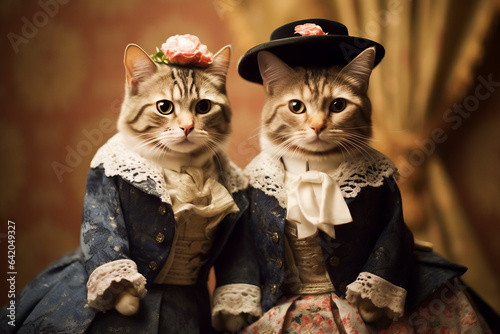 Family of cats in royal outfits of the Victorian era. Fynny cats. Cats as Humans concept. Picture of Cat Aristocrats photo