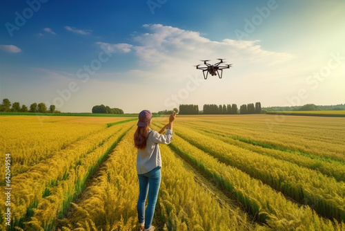 A woman standing in a green field drone flying over field