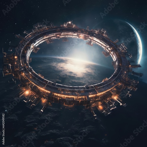 A large circular space station in space