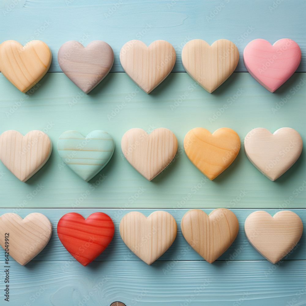 Wooden hearts on color wooden background, ai technology