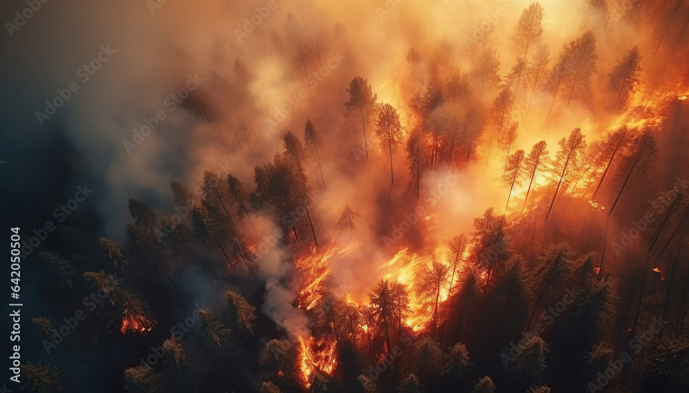 Fire in woods aerial view sharp focus