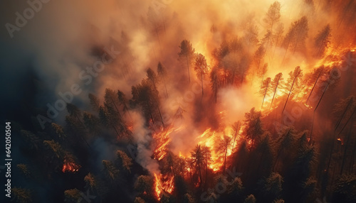 Fire in woods aerial view sharp focus