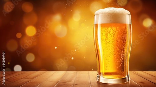 Cold and fresh beer mug on the wooden table on blurred background with free place for text