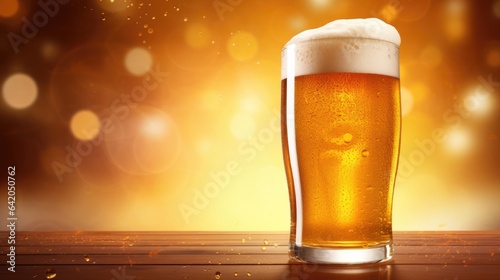 Cold and fresh beer mug on the wooden table on blurred background with free place for text