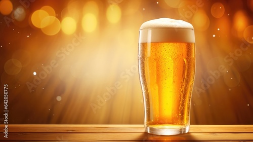 Cold and fresh beer mug on the wooden table on blurred background with free place for text