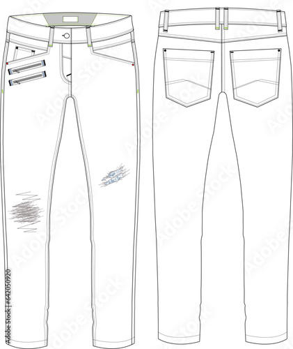 Denim Bottom flat sketch vector, Technical Fashion Illustration, front and back Unisex CAD mock-up.