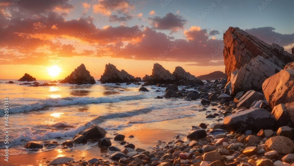sunset in the rocky beach