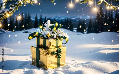 Golden Gifts in a Snowy Christmas Wonderland ai generated