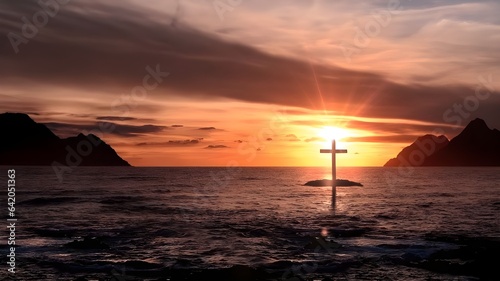 Christ Cross on an island in the middle of the open sea. Concept for faith, power, worship, christianity and easter
