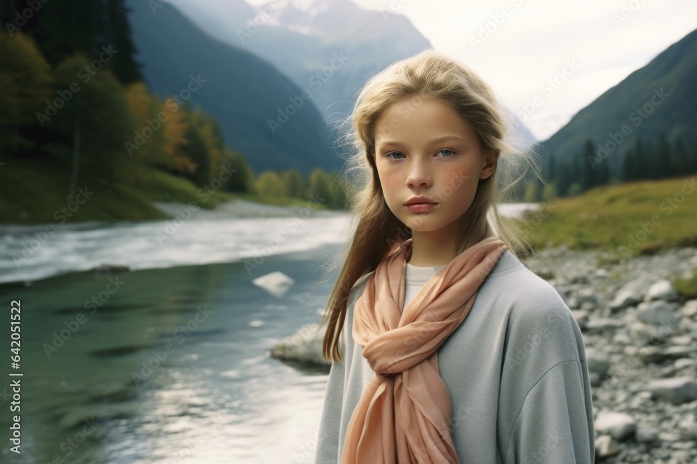 A beautiful woman in fashionable autumn clothing poses gracefully in front of a majestic river surrounded by lush trees and the sky, embodying the natural beauty of the season A beautiful woman in fashionable autumn clothing poses gracefully in front of a majestic river surrounded by lush trees and the sky, embodying the natural beauty of the season