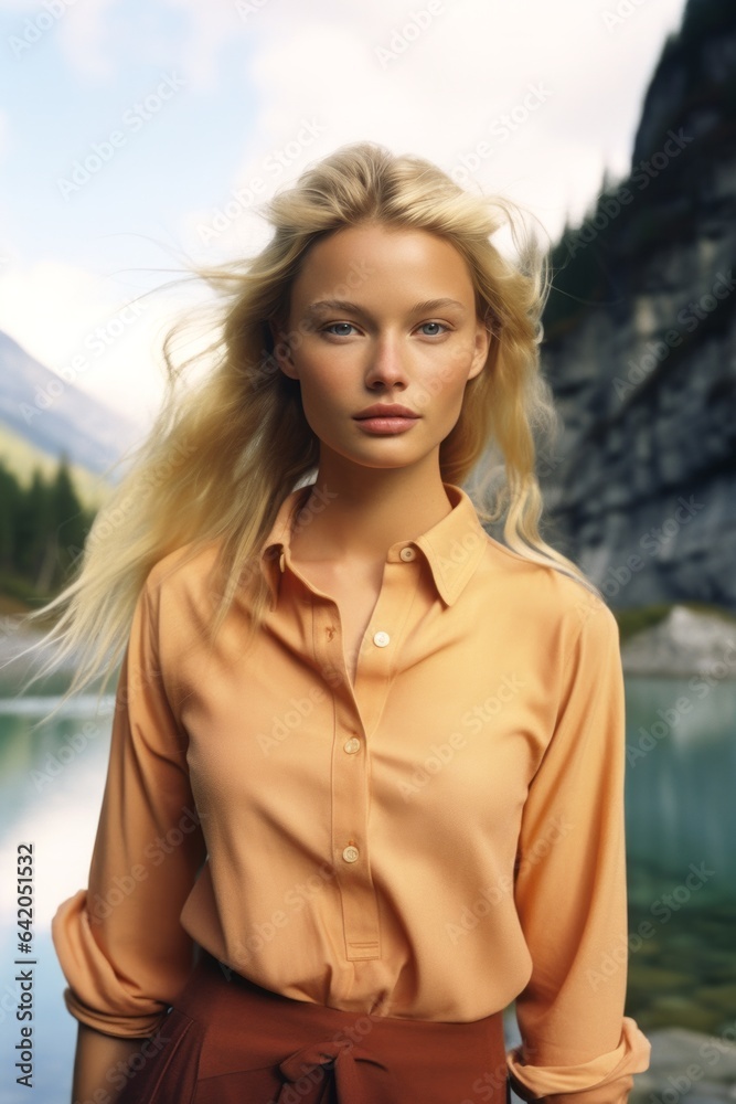 A beautiful woman with long blonde hair stands in the crisp autumn air, her fashionable clothing creating a stunning portrait against the rugged mountain backdrop and peaceful water A beautiful woman with long blonde hair stands in the crisp autumn air, her fashionable clothing creating a stunning portrait against the rugged mountain backdrop and peaceful water
