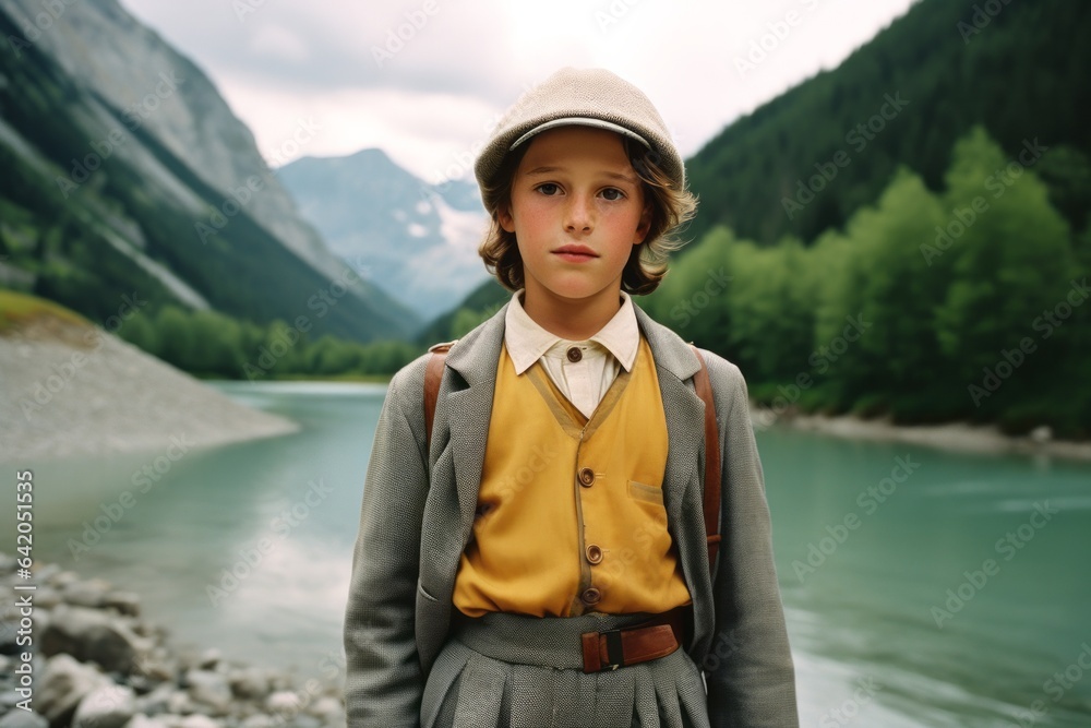 A young person stands in fashionable autumn attire, posing in front of a beautiful river surrounded by mountains and a sky full of possibilities