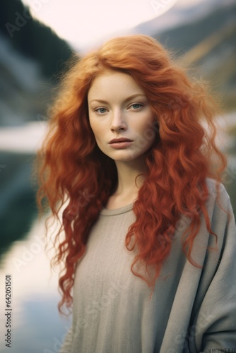 A beautiful portrait of a woman with wild red hair standing amidst the autumnal landscape of nature and fashion, her lips aflame with passion