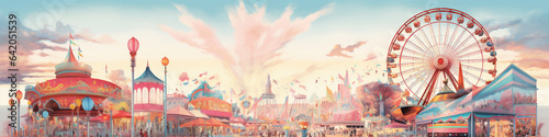 A Risograph Illustration of a Vintage European Carnival with Layered Rides