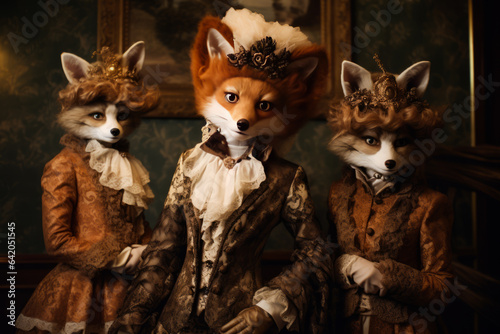 Family of foxes in royal outfits of the Victorian era. Fynny foxes. Foxes as Humans concept. Picture of Fox Aristocrats