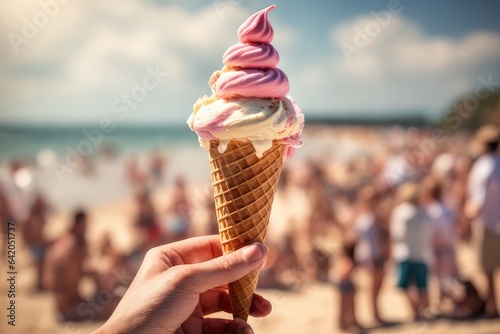 hand holding ice cream on the beach
